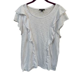 Express White Ruffle Sleeve Tee Top Soft Cotton Modal‎ Size L Casual Girly Basic